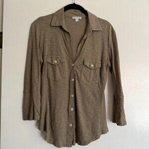 James Perse Button Up Ribbed Side Panel Shirt Size 1/SM in Mushroom Preppy